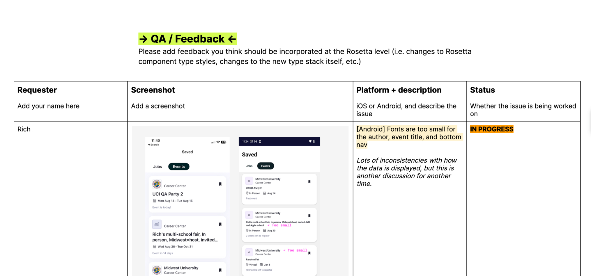 Example of a QA doc I used while making typography changes to our mobile apps